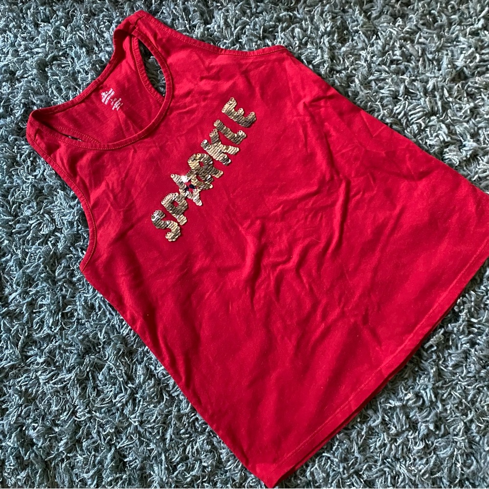 Patriotic Red Tank Top with Silver/Blue Flippy Sequined Design